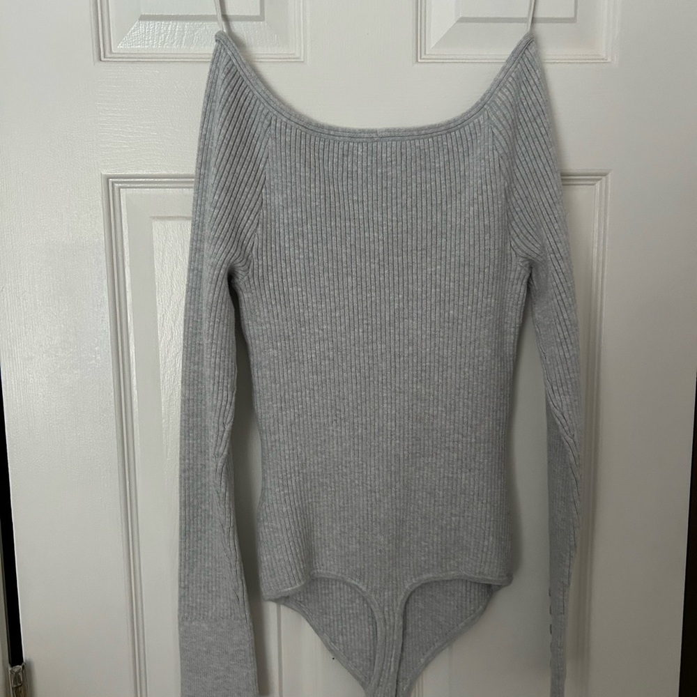 Gray Ribbed Long Sleeve Bodysuit